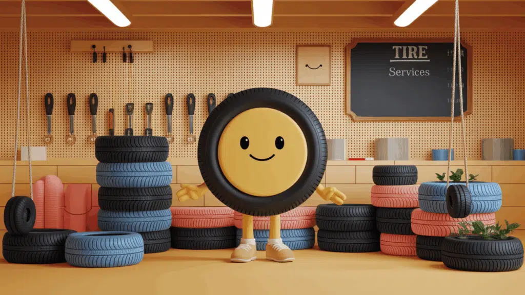Cheerful-Tire-Character-Automotive-Garage-Workshop-Scene-Tire-Puns-Visual-Representation-Car-Service-Center