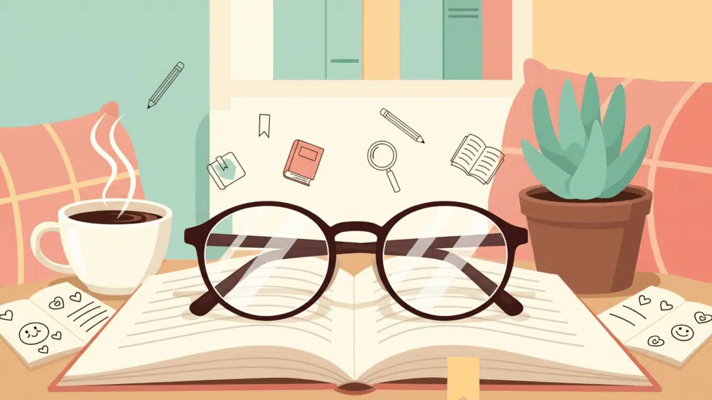 Cute-Vector-Illustration-Of-Stylish-Glasses-On-Book-With-Coffee-And-Cozy-Reading-Elements