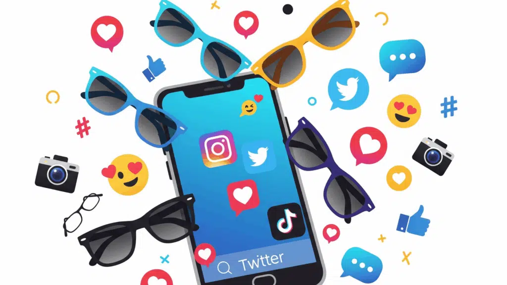 Modern-Vector-Illustration-Of-Smartphone-With-Social-Media-Icons-And-Colorful-Glasses-Design