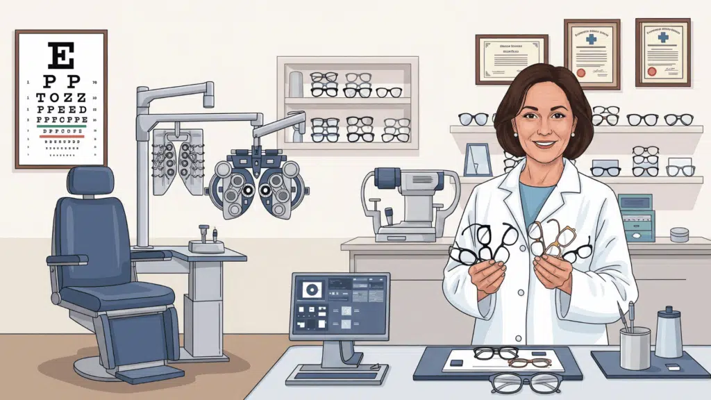 Professional-Vector-Illustration-Of-Optometrist-Office-With-Eye-Chart-And-Glasses-Display