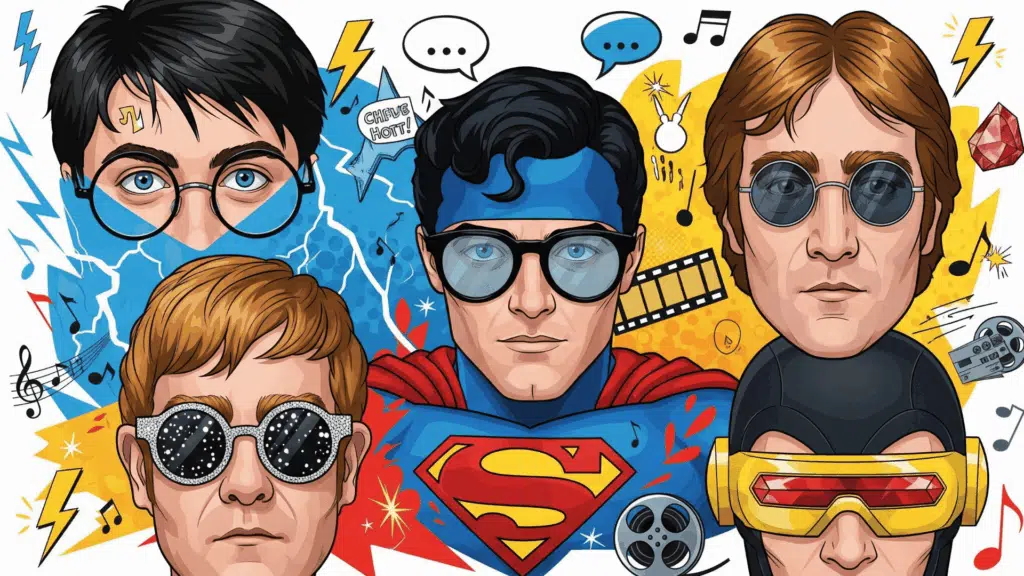 Semi-Realistic-Vector-Illustration-Of-Pop-Culture-Glasses-And-Sunglasses-With-Colorful-References