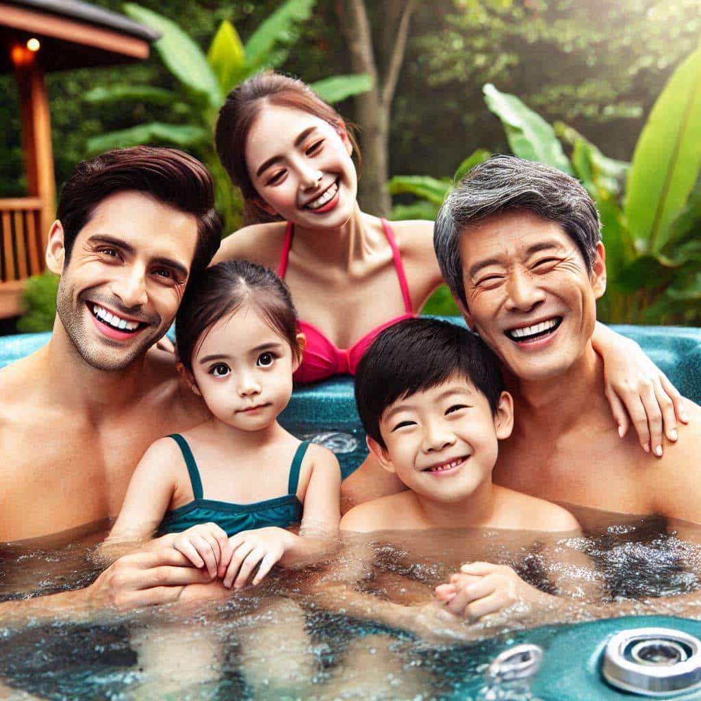a family enjoys time in the hot tub