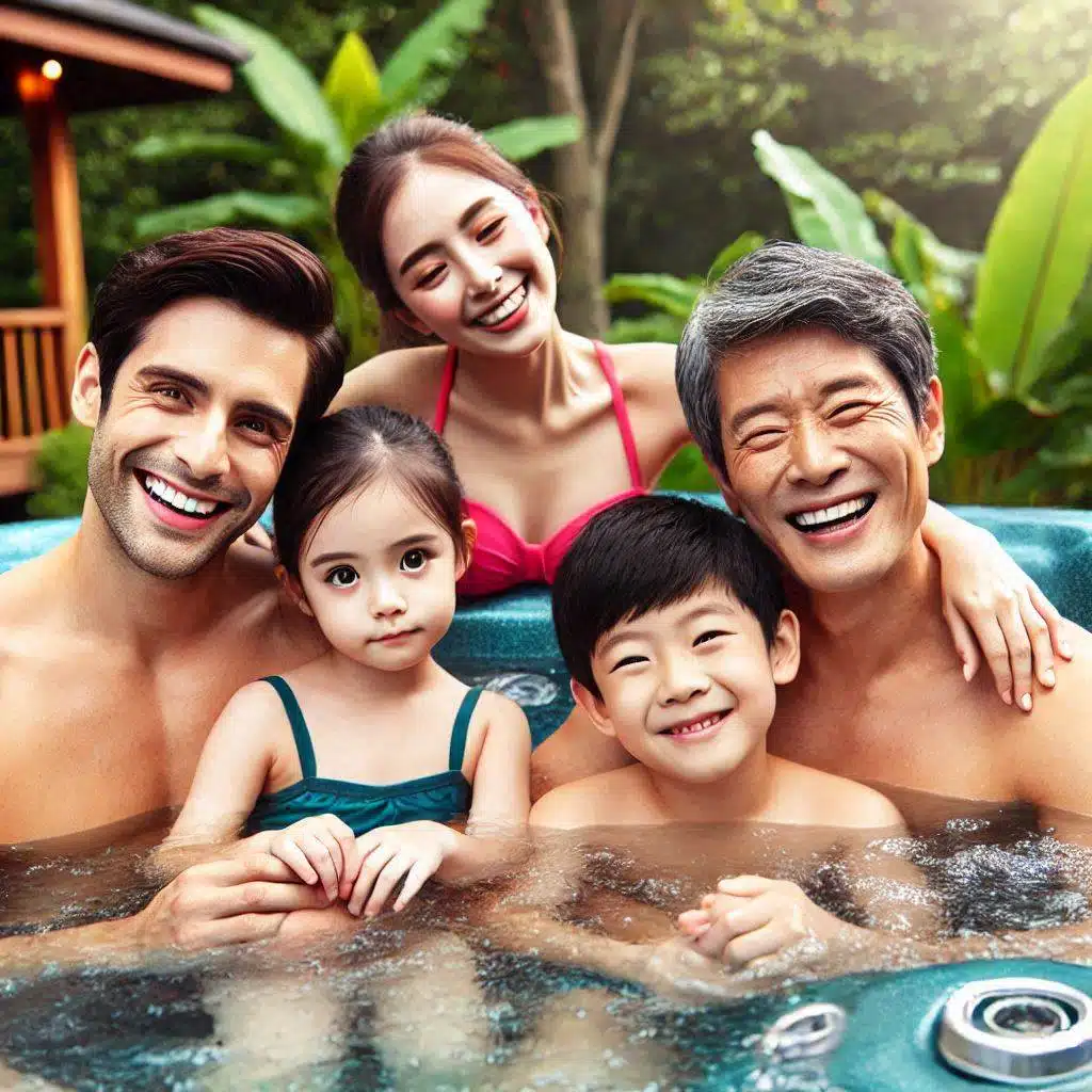 a family enjoys time in the hot tub
