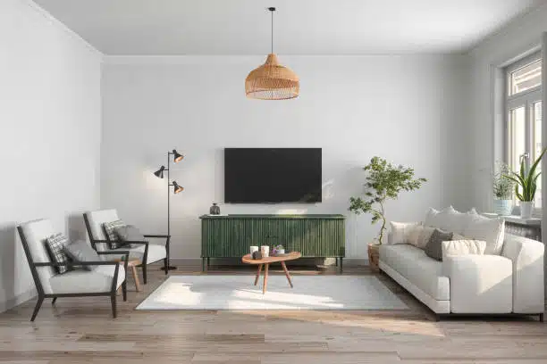 Modern Living Room Interior With Television Set, Sofa, Armchair, Floor Lamp And Coffee Table