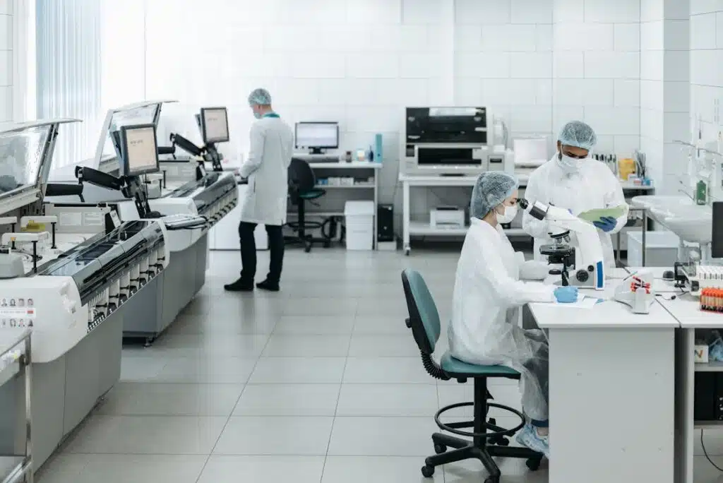 Free Researchers in lab coats performing experiments with advanced equipment in a laboratory. Stock Photo