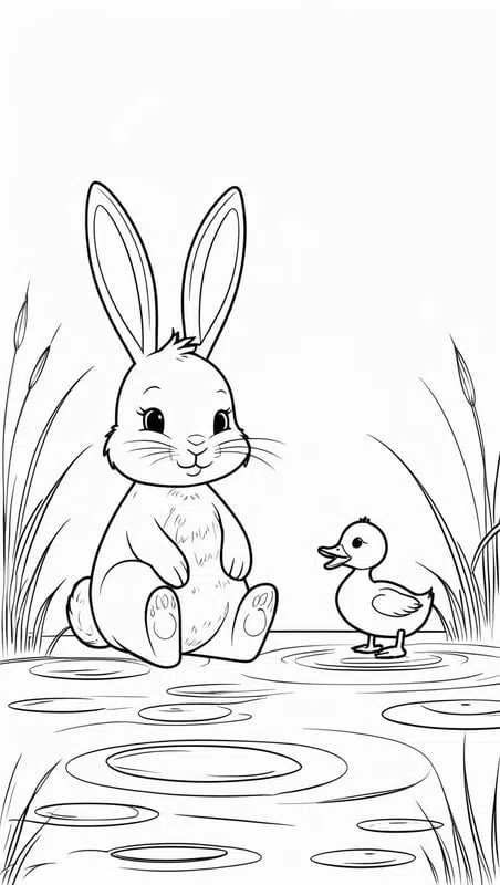 Bunny and Duck by the Pond