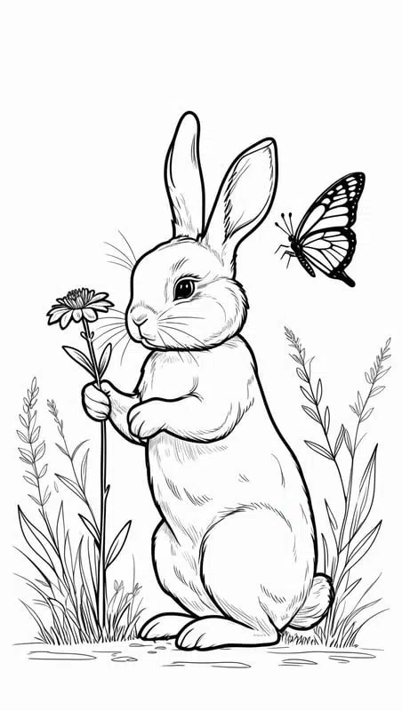 Sweet Bunny Holding a Flower with Butterfly