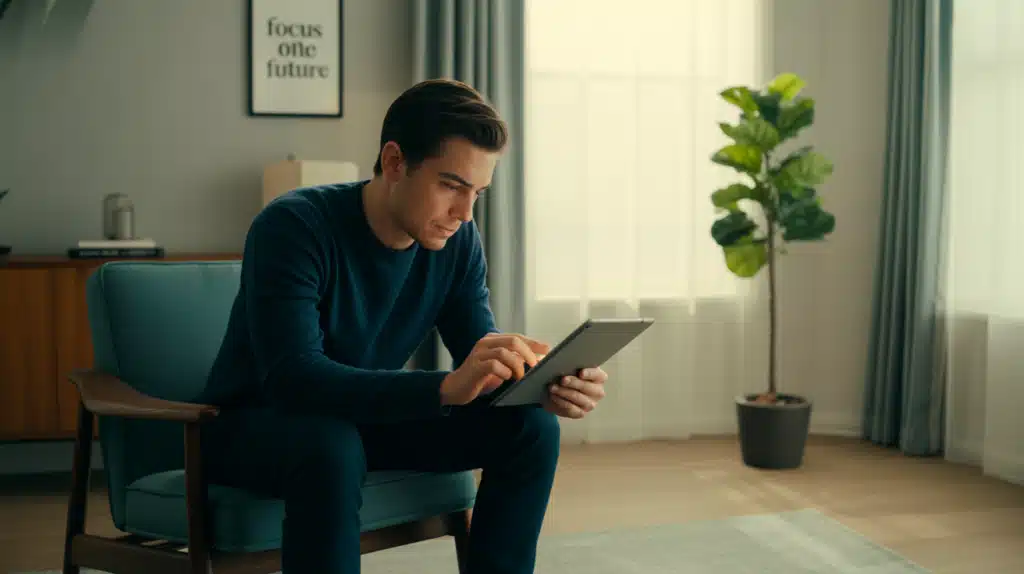 cinematic still photograph of a thoughtful young man intently studying on a sleek tablet