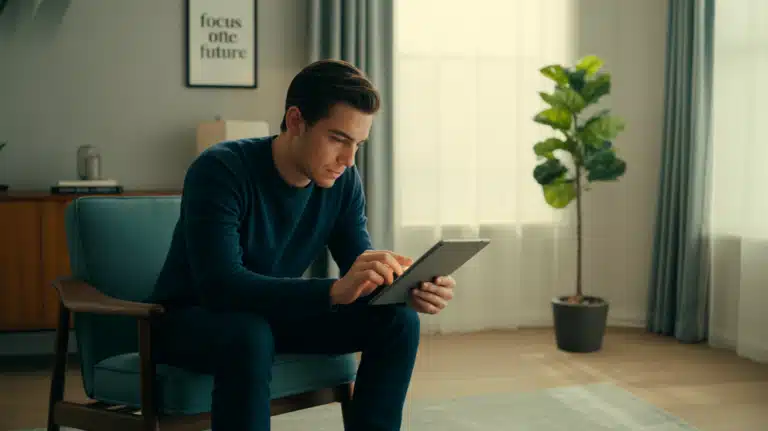 cinematic still photograph of a thoughtful young man intently studying on a sleek tablet