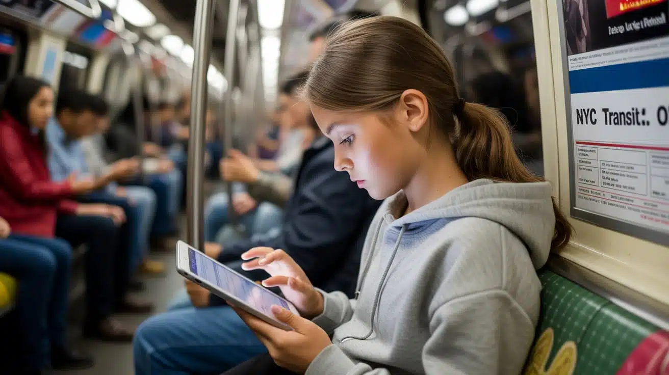 A photograph of a young girl engrossed in studying on a tablet while riding a crowded subway train