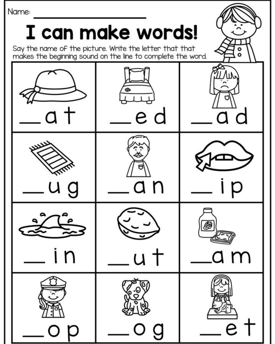 Beginning Sounds and CVC Words Sheet