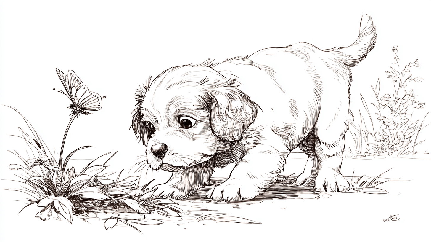 Puppy Sniffing a Flower or Butterfly