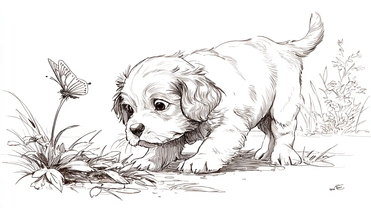 Puppy Sniffing a Flower or Butterfly