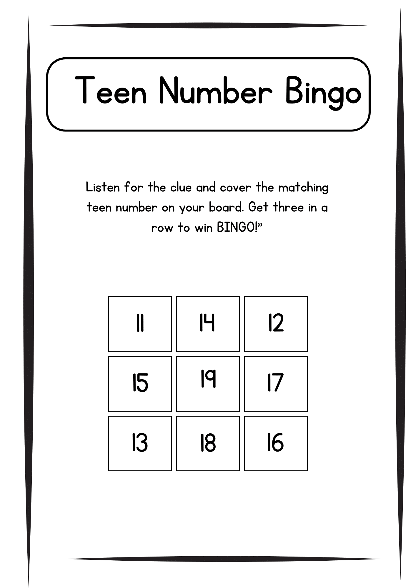 Teen Number Bingo