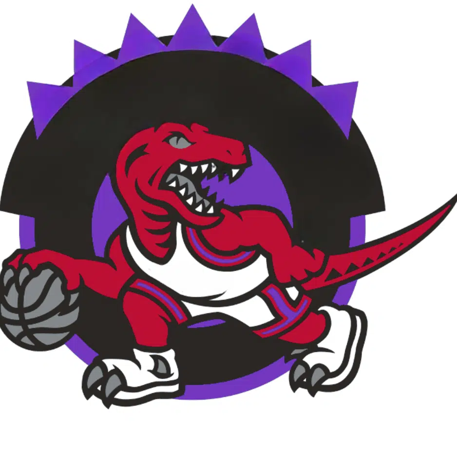 Which team's logo features a dinosaur holding a basketball?