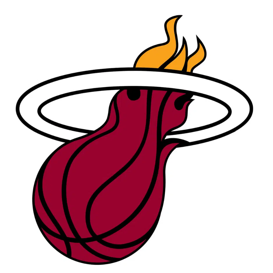 Which team's logo features a red and white basketball with flames?