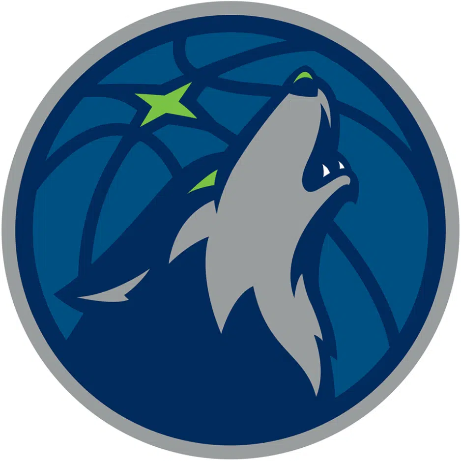 Which team's logo has a wolf and a basketball?