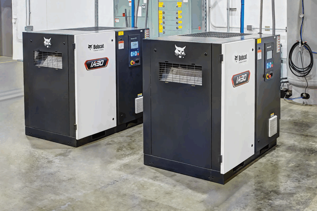 Bobcat industrial air compressors installed in a business facility, highlighting modern design and reliable compressed air solutions for commercial operations