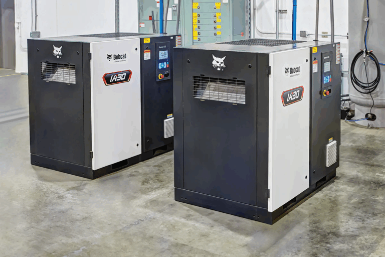 Bobcat industrial air compressors installed in a business facility, highlighting modern design and reliable compressed air solutions for commercial operations