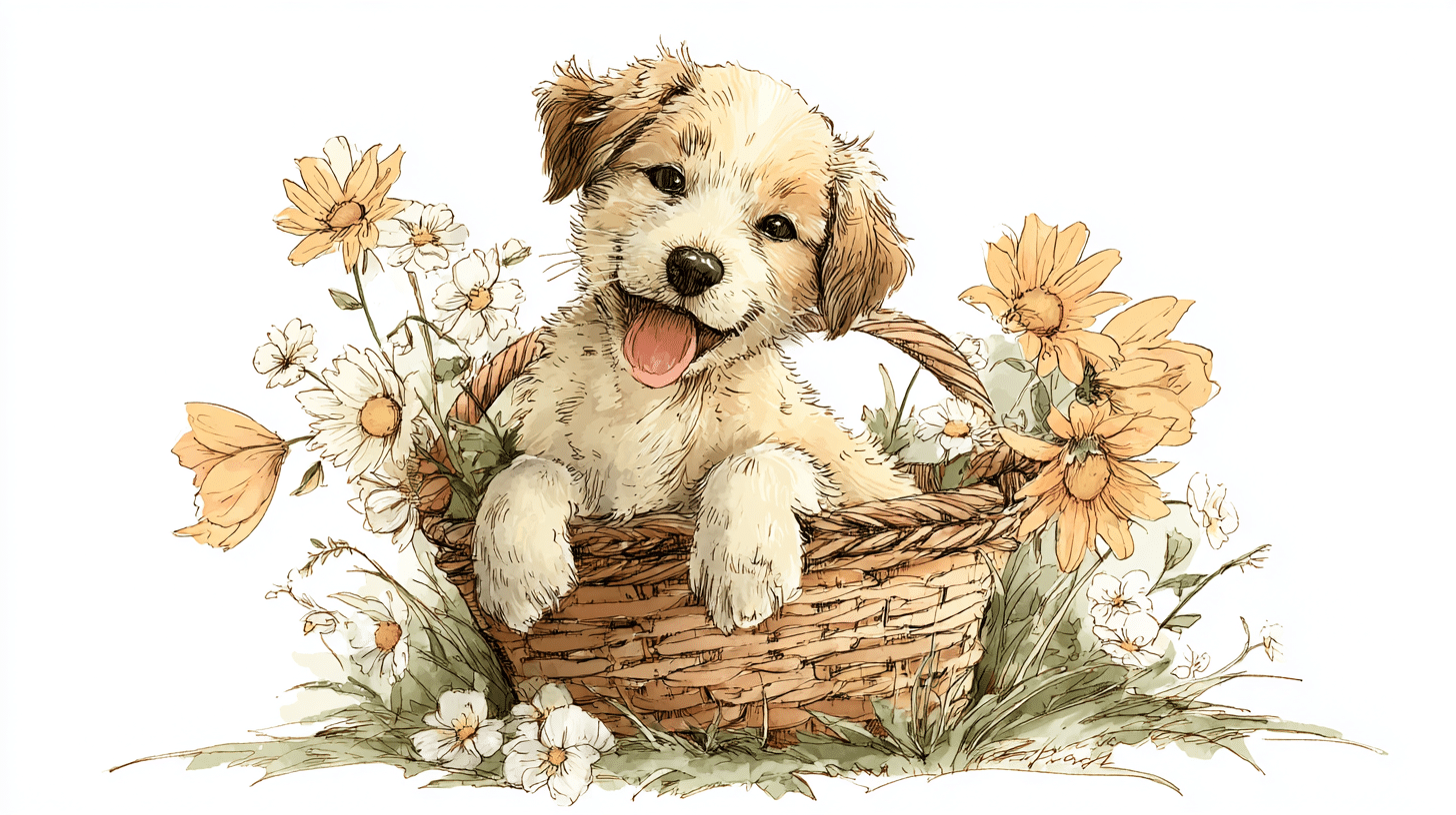 Puppy in A Basket with Flowers