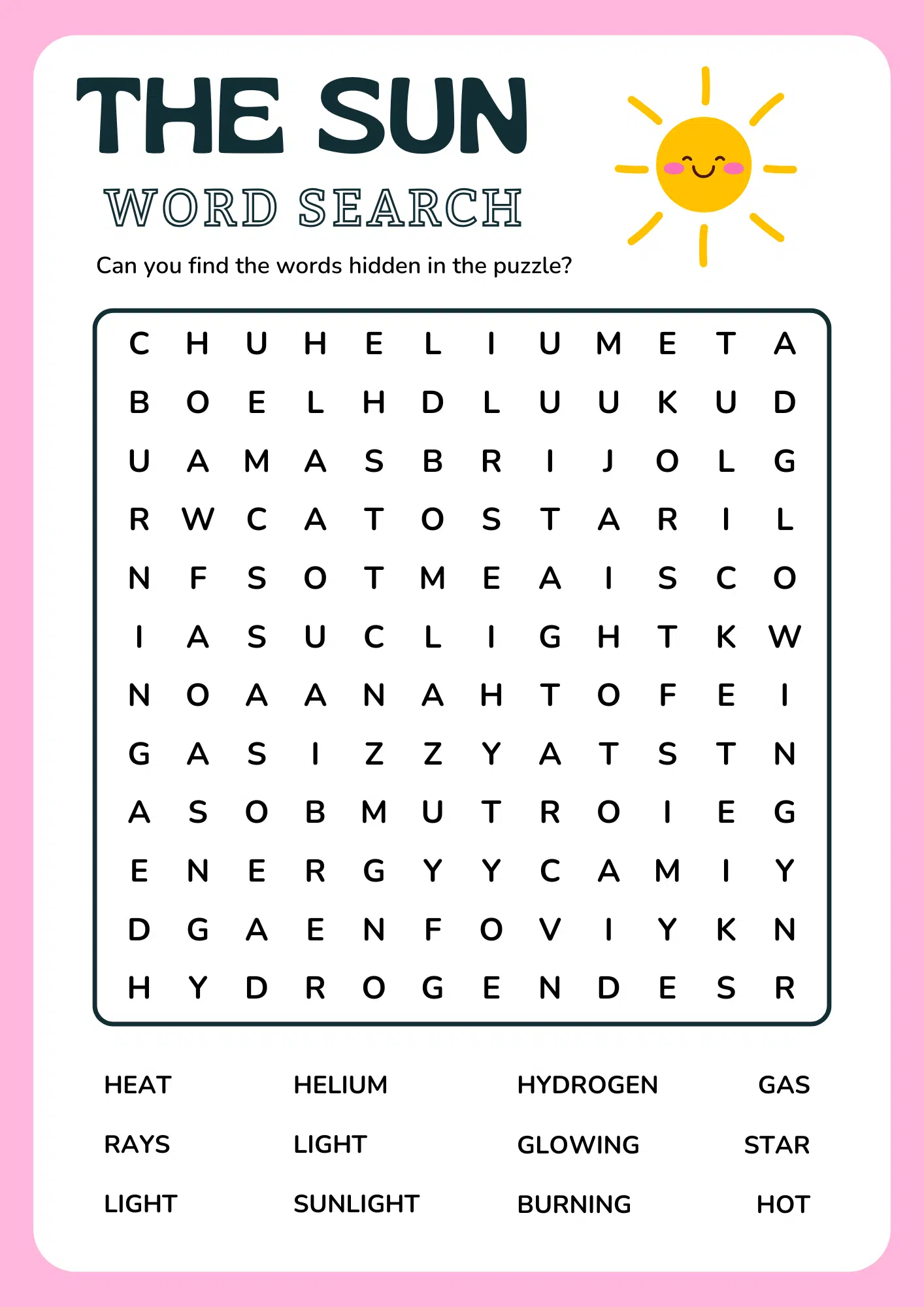 The Sun Word Search Worksheet