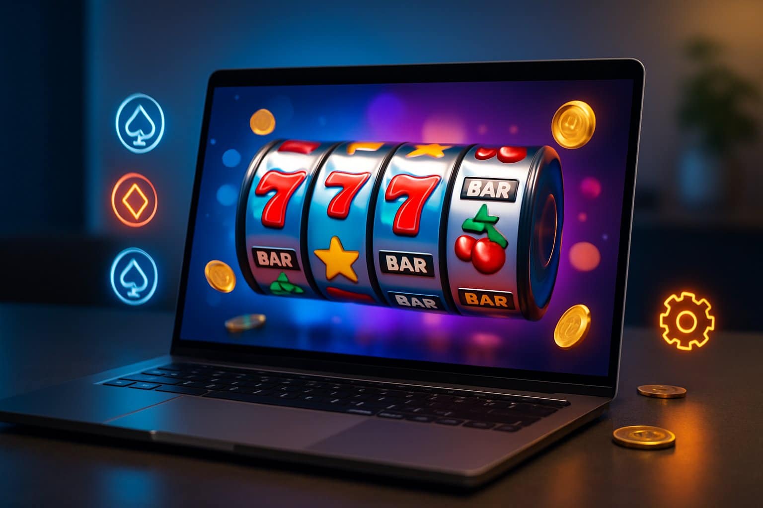 A computer screen showing colorful slot machine reels spinning with digital coins and icons around it in a modern setting.