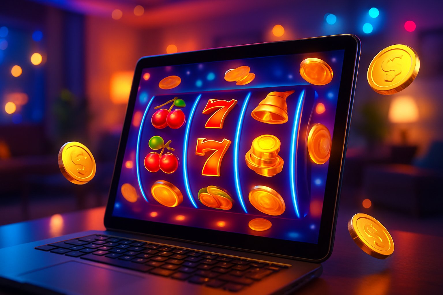 Close-up of a computer or mobile screen showing colorful slot game reels spinning with symbols like cherries and coins, set in a bright and inviting gaming environment.