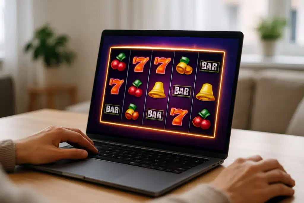 Close-up of a computer screen showing an online slot machine game with colorful spinning reels in a comfortable home setting.
