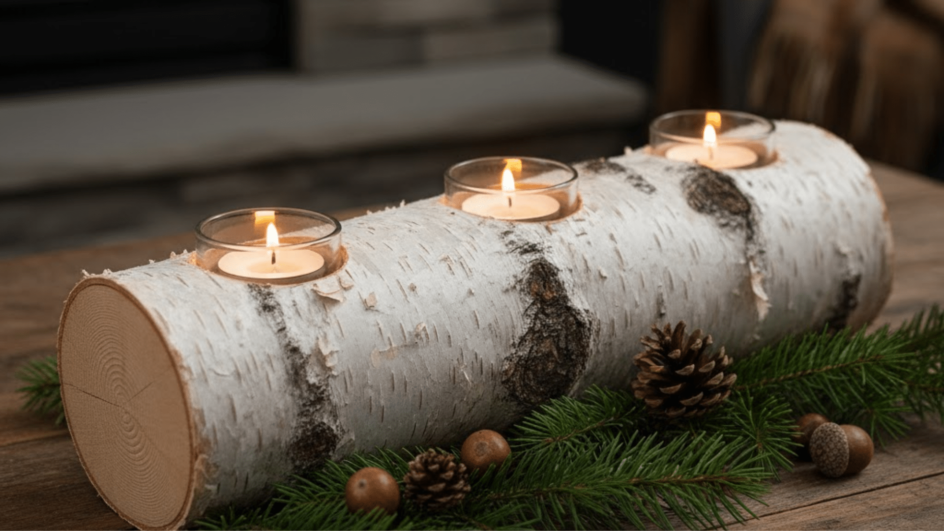 candlelit birch log arrangement