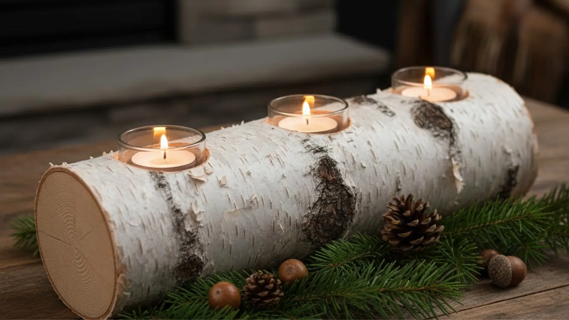 candlelit birch log arrangement