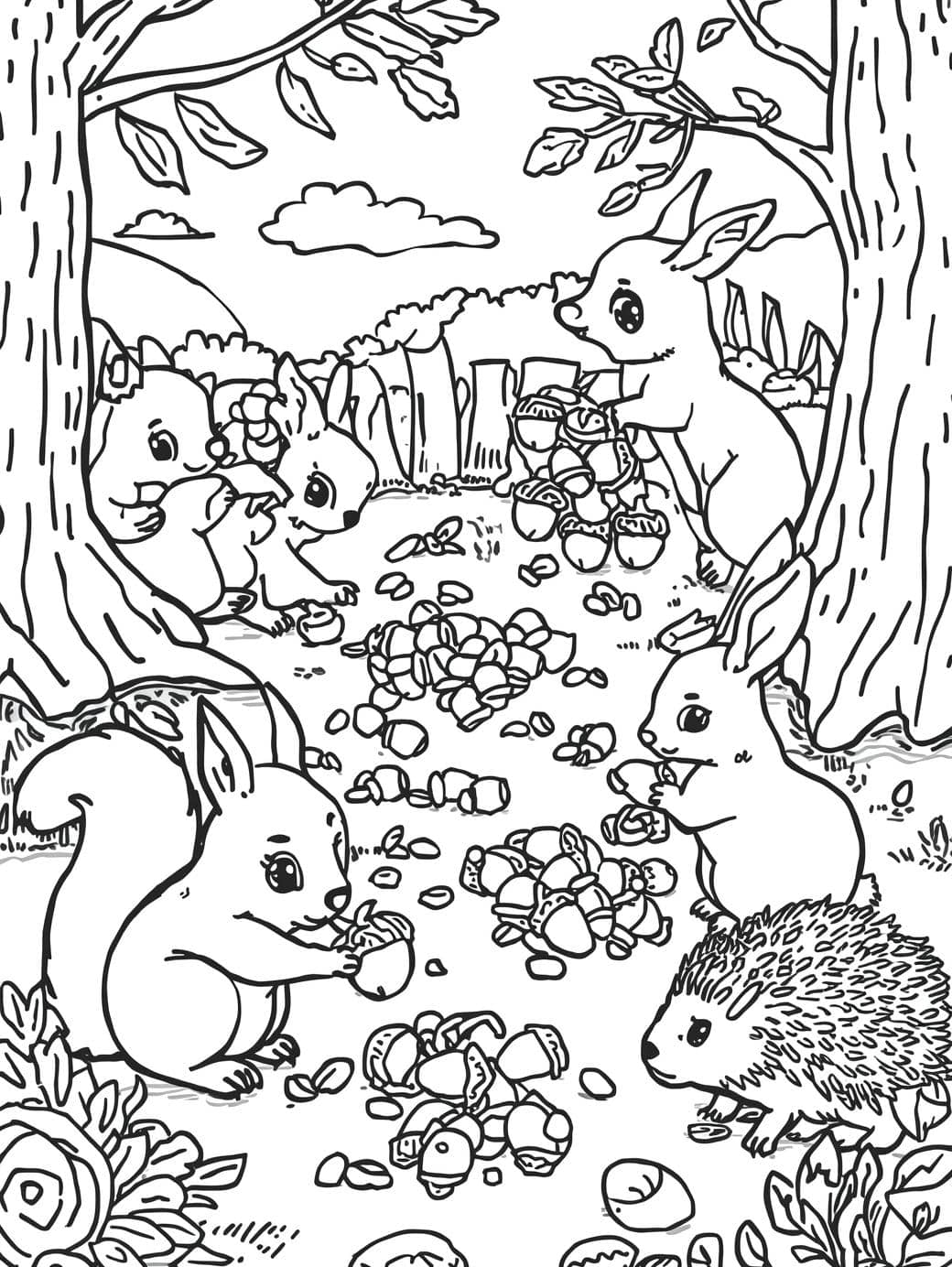 forest animals gathering acorns