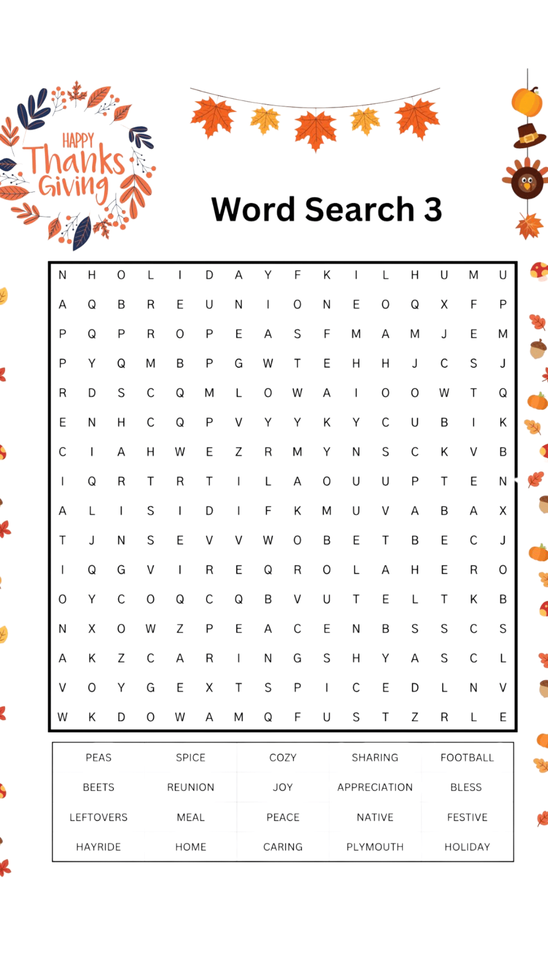thanksgiving word search