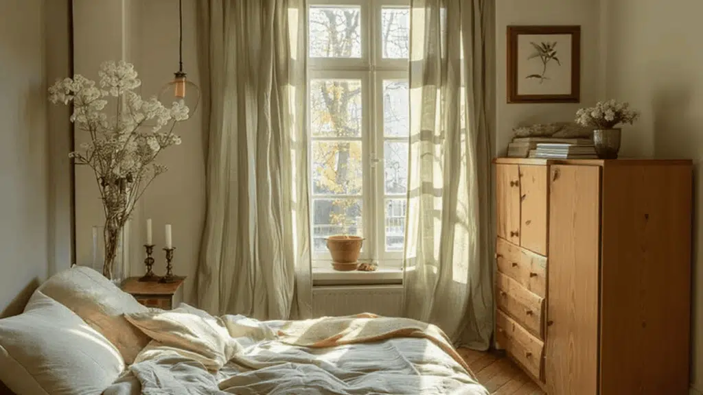 neutral bedroom ideas with soft curtains