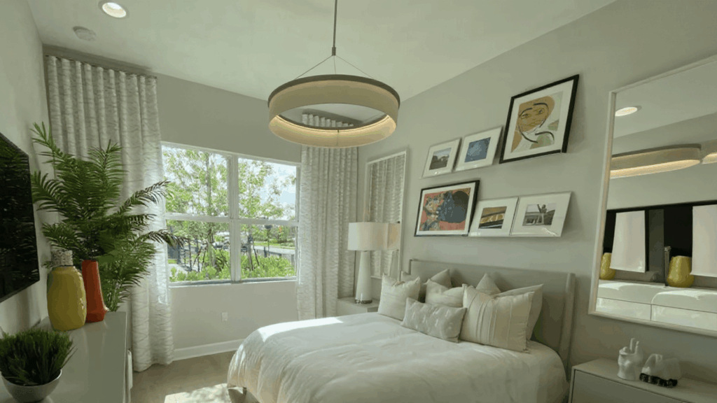 neutral bedroom ideas with statement lighting