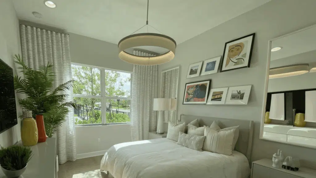 neutral bedroom ideas with statement lighting