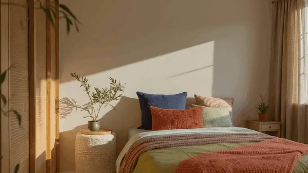 neutral bedroom with pops of color
