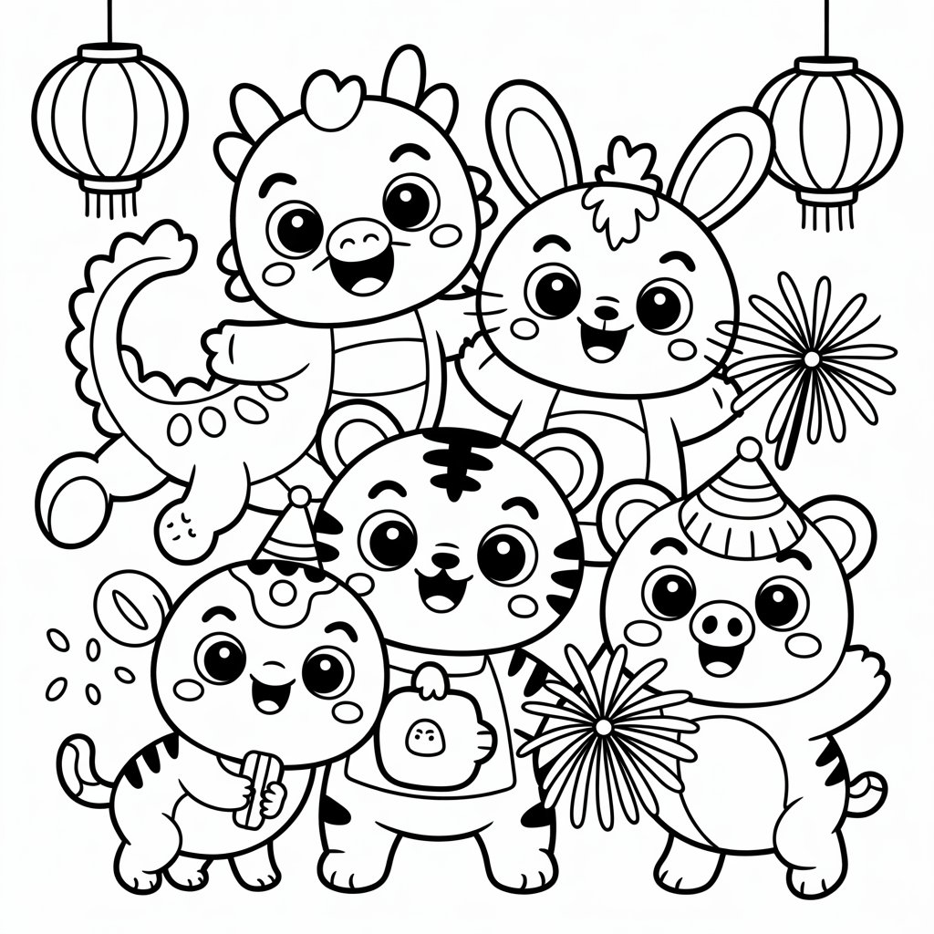 Cute Lunar New Year Animals Coloring Page