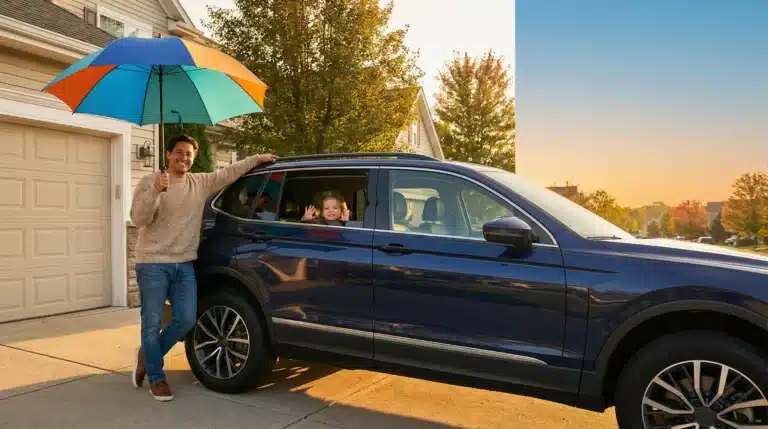 Man holding colorful umbrella next to blue SUV with child inside on residential street