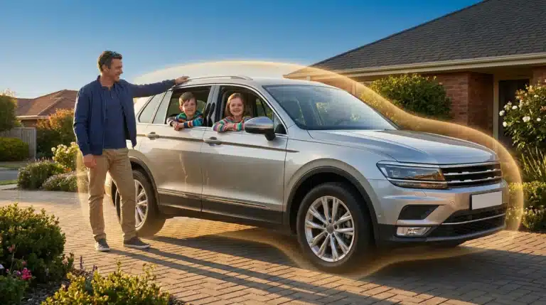 Man standing by silver SUV with children inside on sunny suburban driveway