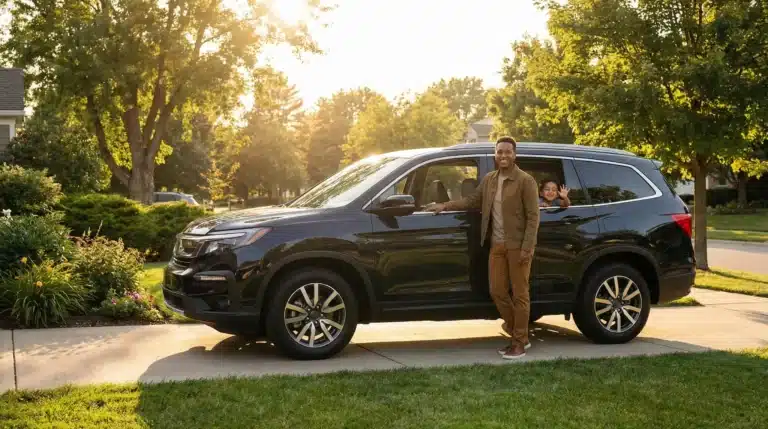 Man standing beside black SUV with a waving child in a suburban driveway under evening sunlight