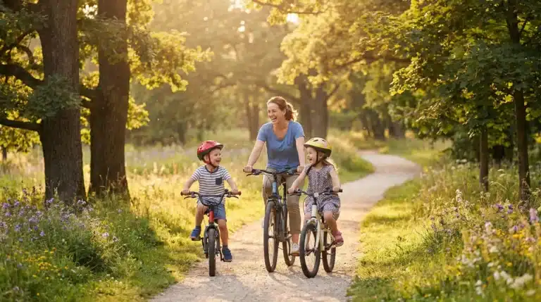 Mother and two children riding bicycles on a sunny forest path