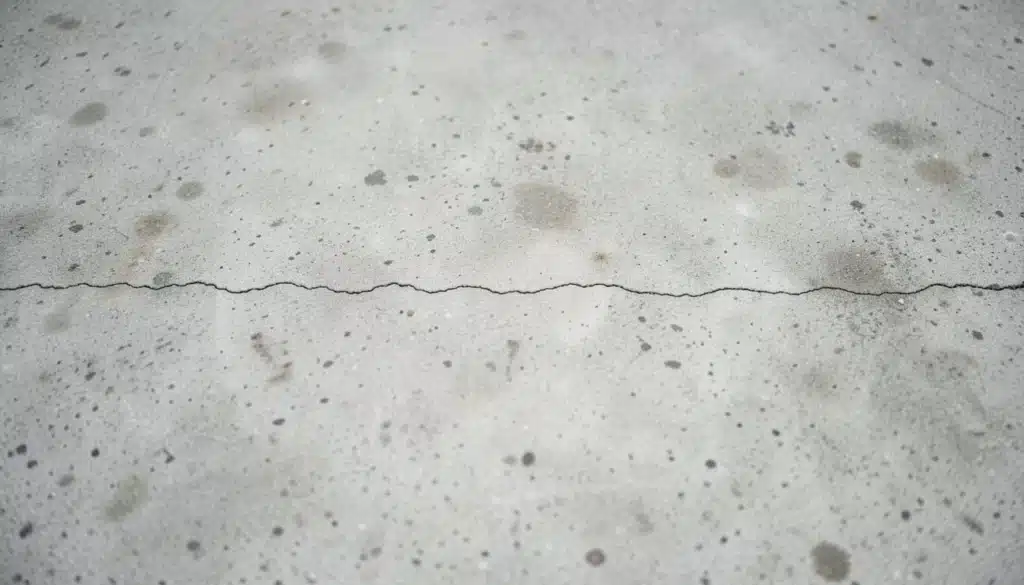 Close-up of a thin hairline crack running across a concrete floor with light surface stains and speckled texture.
