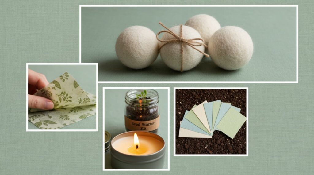 Collage of eco-friendly homemade gifts, including wool dryer balls, beeswax food wraps, seed starter kit, and plantable seed paper cards