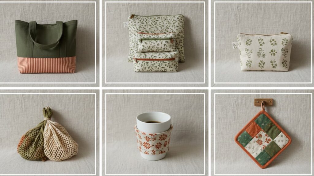 Collage of handmade fabric gifts, including a tote bag, zipper pouches, a cosmetic bag, reusable produce bags, a coffee cup sleeve, and a patchwork pot holder