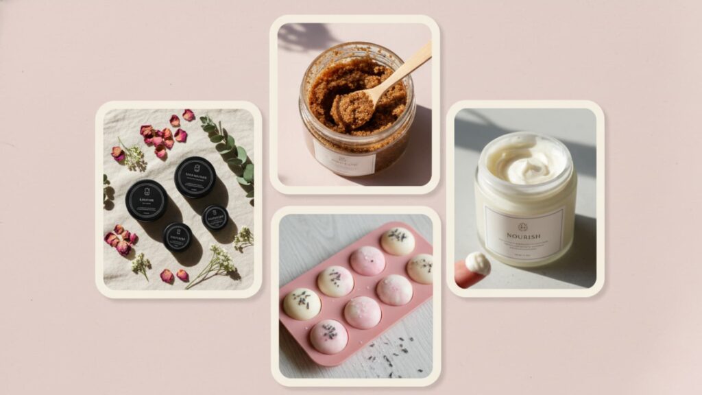 Collage of homemade beauty and self-care gifts, including body scrub, bath bombs, body cream, and small jars of natural skincare products.