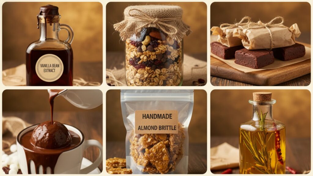 Collage of homemade food gifts including vanilla extract, granola jar, wrapped brownies, chocolate dessert, almond brittle, and infused olive oil.
