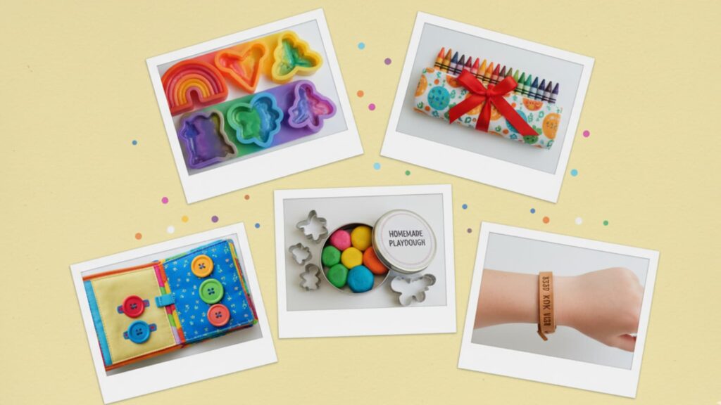 Collage of homemade gifts for kids, including shaped crayons, crayon roll, quiet book, homemade playdough, and a personalized bracelet.