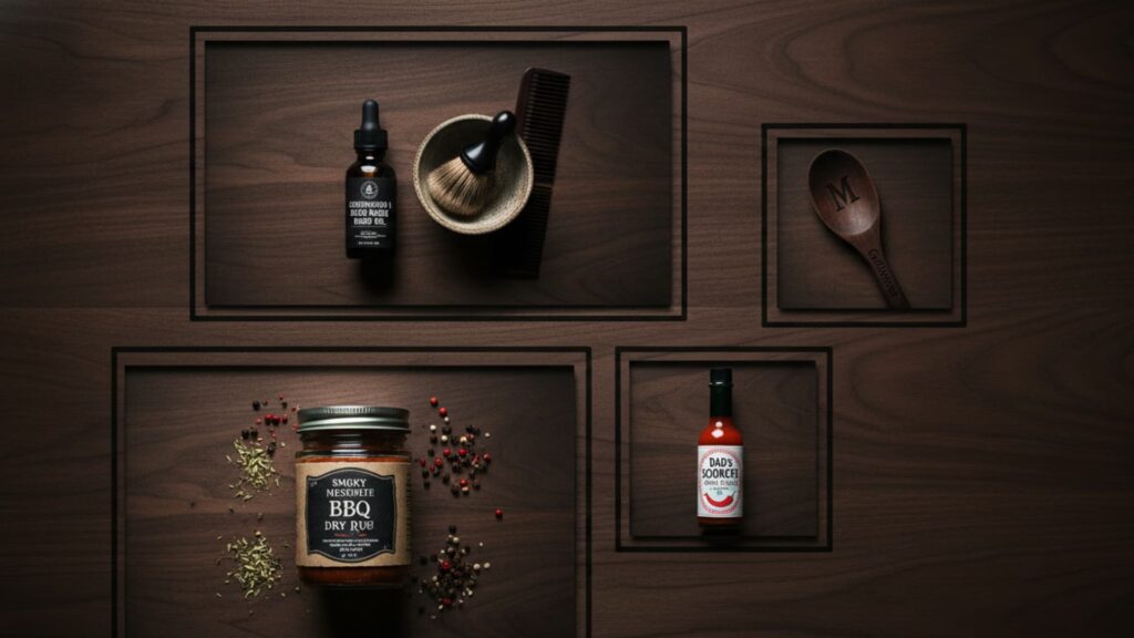 Collage of homemade gifts for men, including a beard care kit, an engraved wooden brush, BBQ dry rub seasoning, and homemade hot sauce