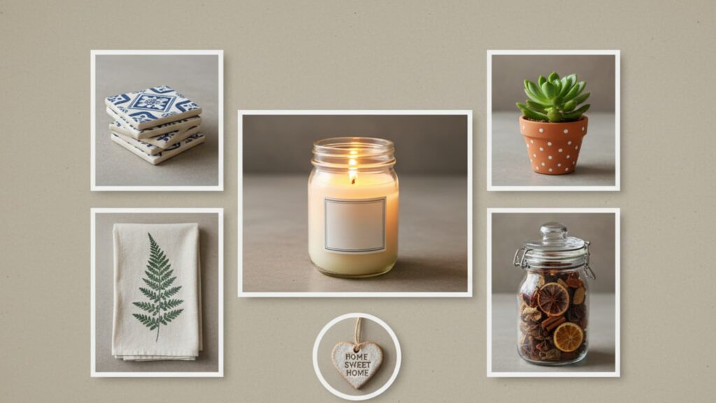 Collage of homemade home decor gifts including tile coasters, kitchen towel, scented candle, potted succulent, potpourri jar, and home sweet home ornament