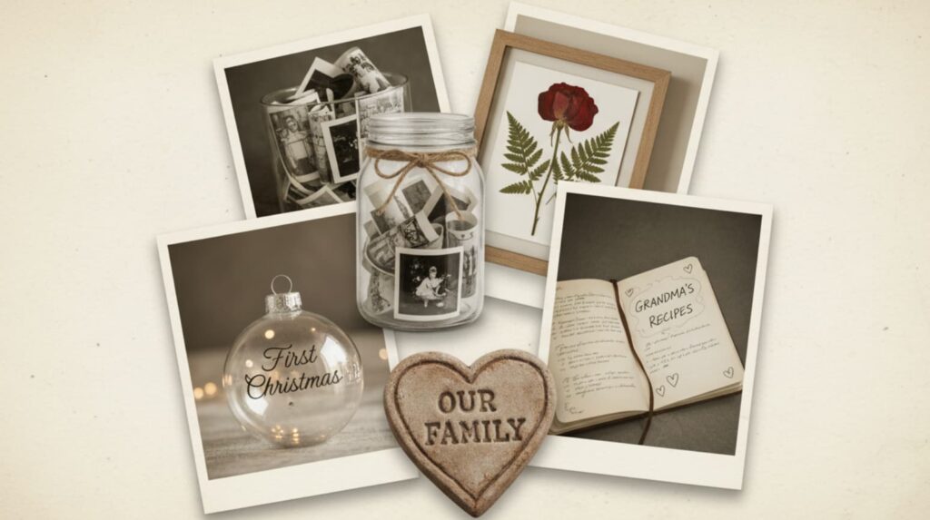 Collage of personalized homemade gifts, including a photo memory jar, a pressed flower frame, a first Christmas ornament, a family recipe book, and our family keepsake heart